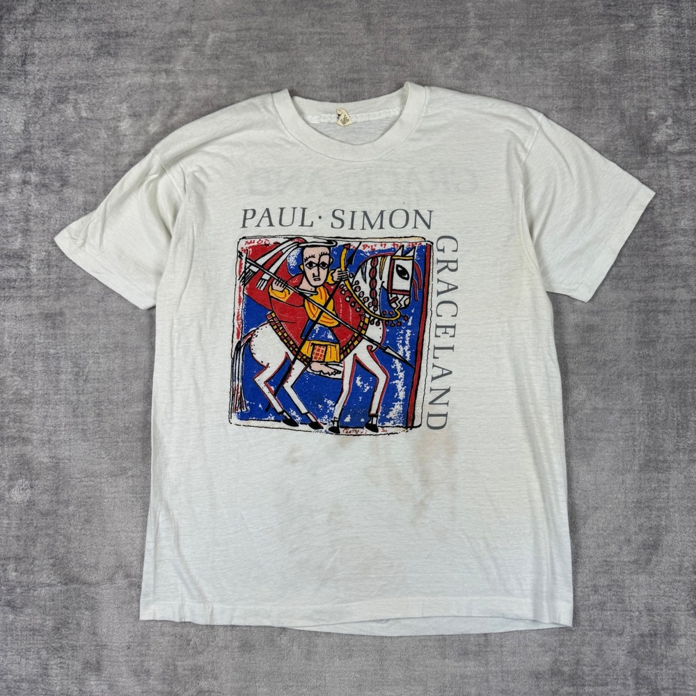 Paul Simon Shirt Mens XL White Graceland Tour Vtg 1987 Screen Stars Band Thin